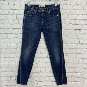 AMO Twist Jeans Women 28 Slim Fit Mid Rise Cropped Outseam Notched Hem True Blue
